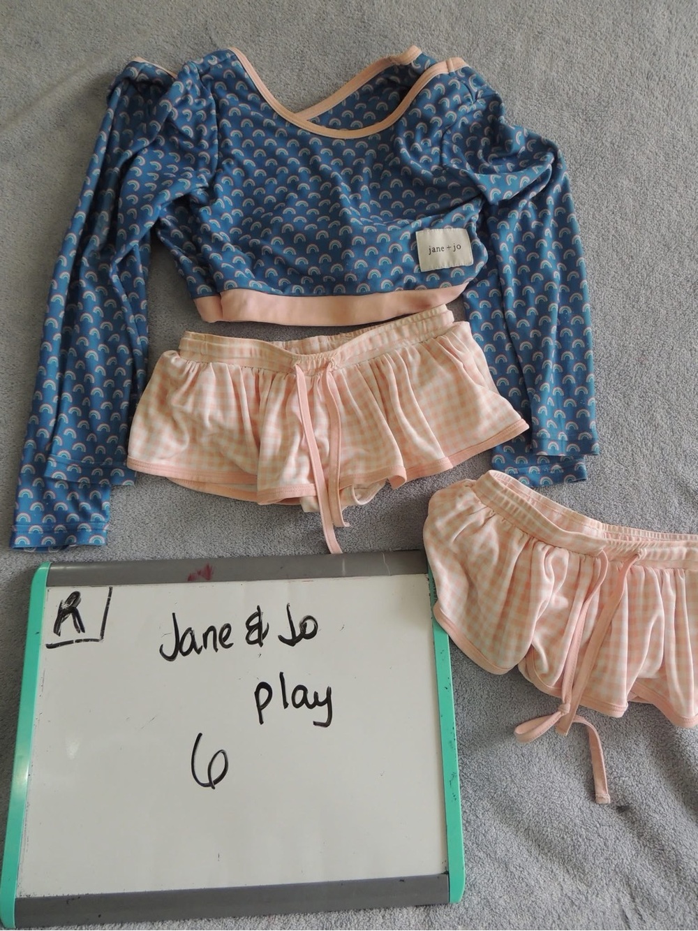 Jane and Jo Girls' Blue Rainbow Top and Pink Gingham Shorts Pajama Set